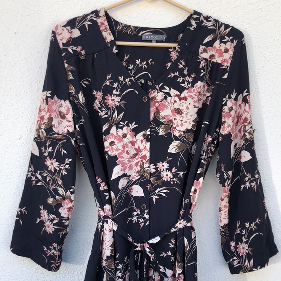 Brixon Ivy navy blue with pink floral print rollable sleeve shirt dress - Picture 3 of 8